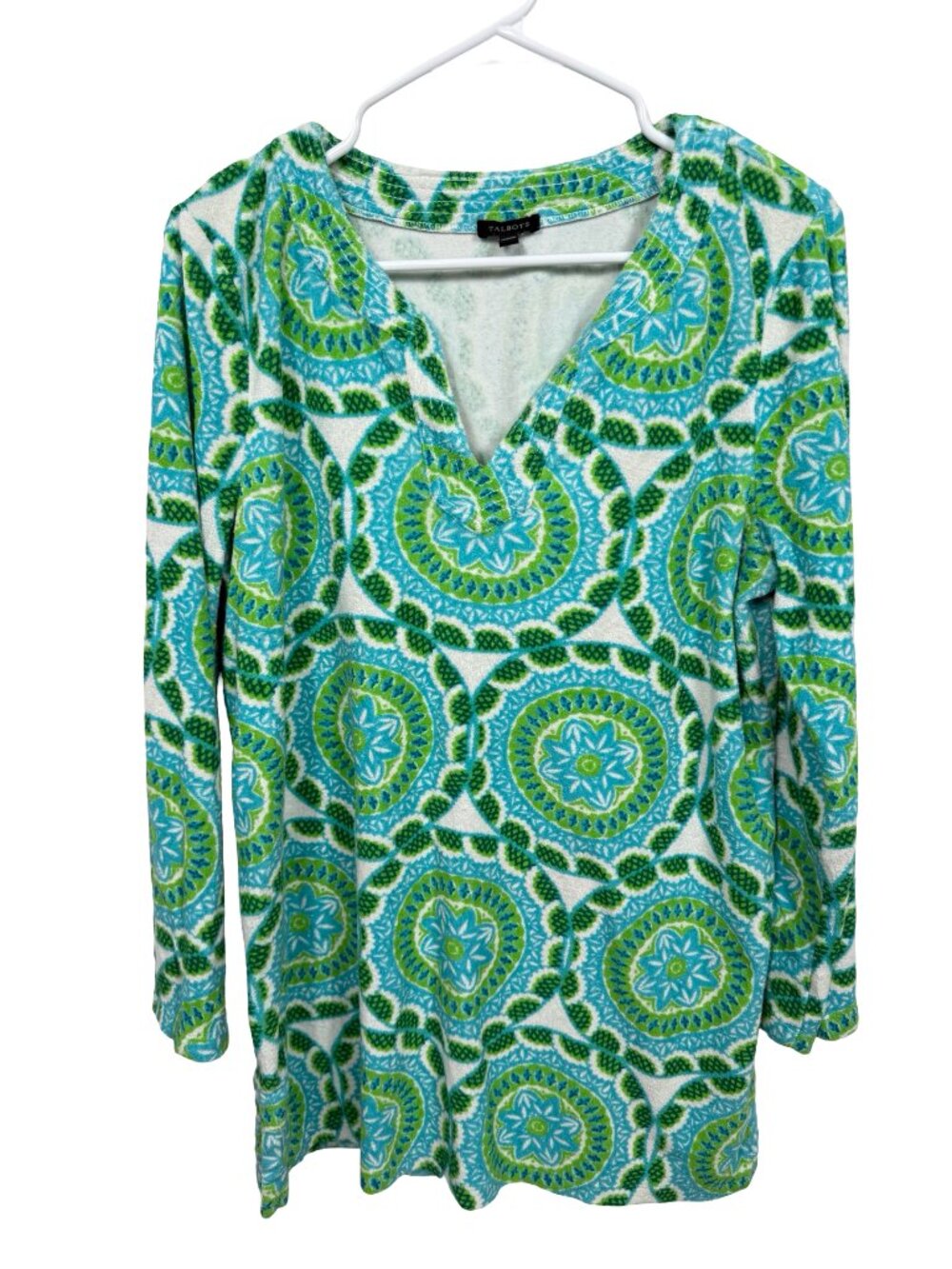 Talbots Terry Cloth Top Blouse Large Green Blue Print Boho Colorful Cotton Blend